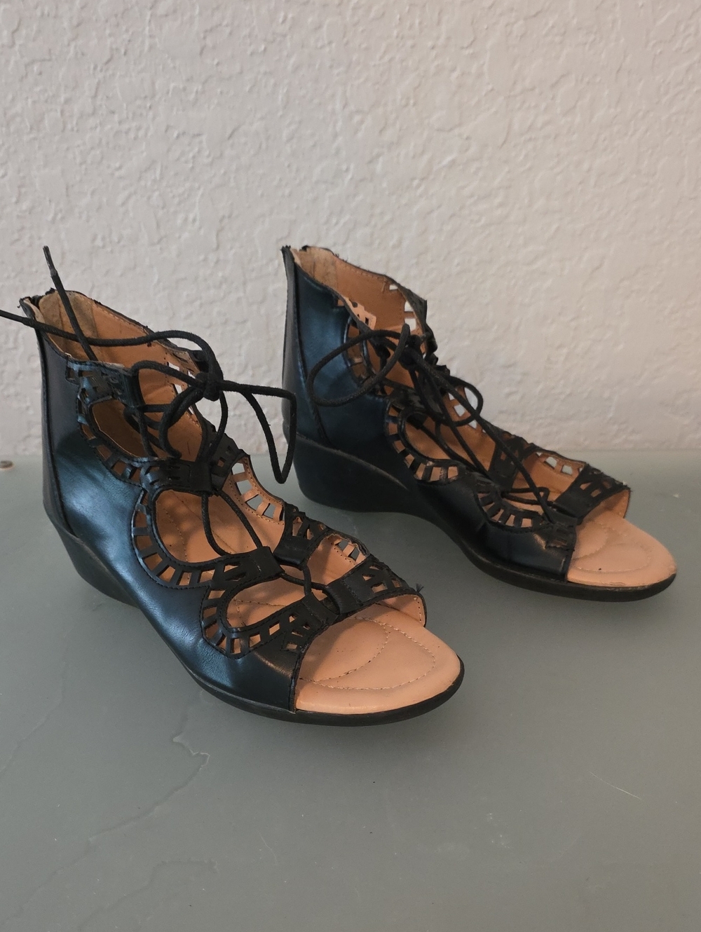 Bolaro Black Lace-Up Cutout Wedge Sandals Size 7.5